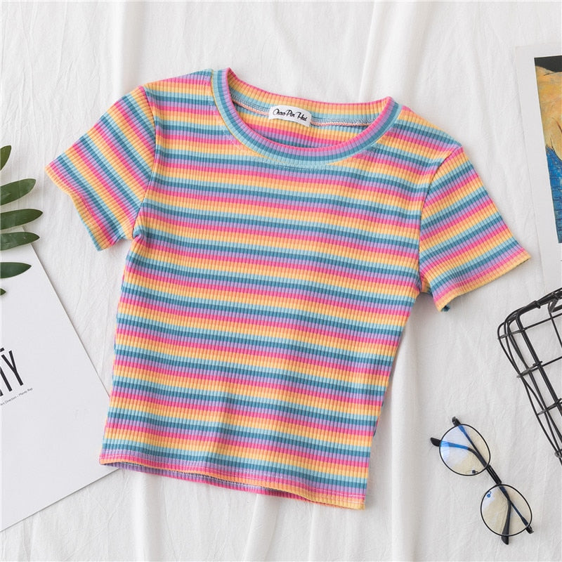 Striped Crop T-Shirt Pastel Rainbow